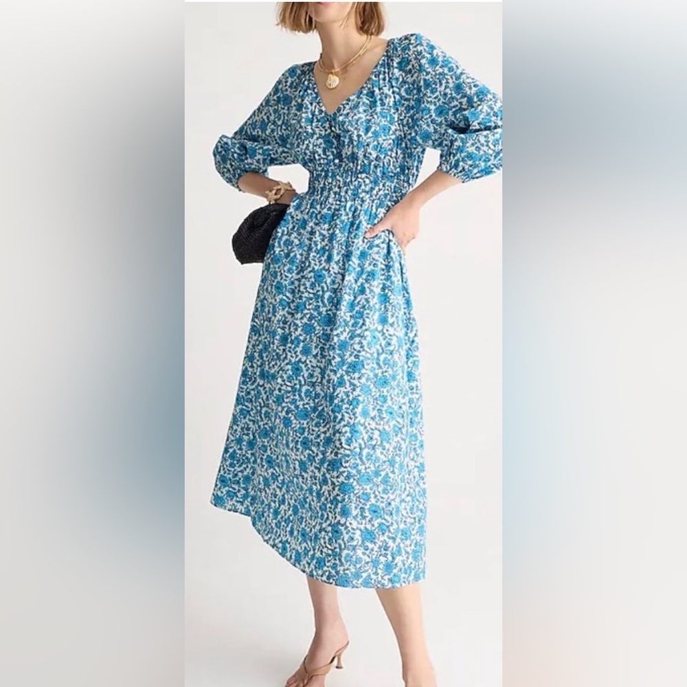J. Crew Blue and White Floral Long Sleeve Midi Dress